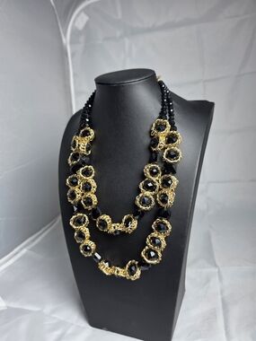 KAYMEN Vintage Gold Tone and Black Crystal Statement Necklace